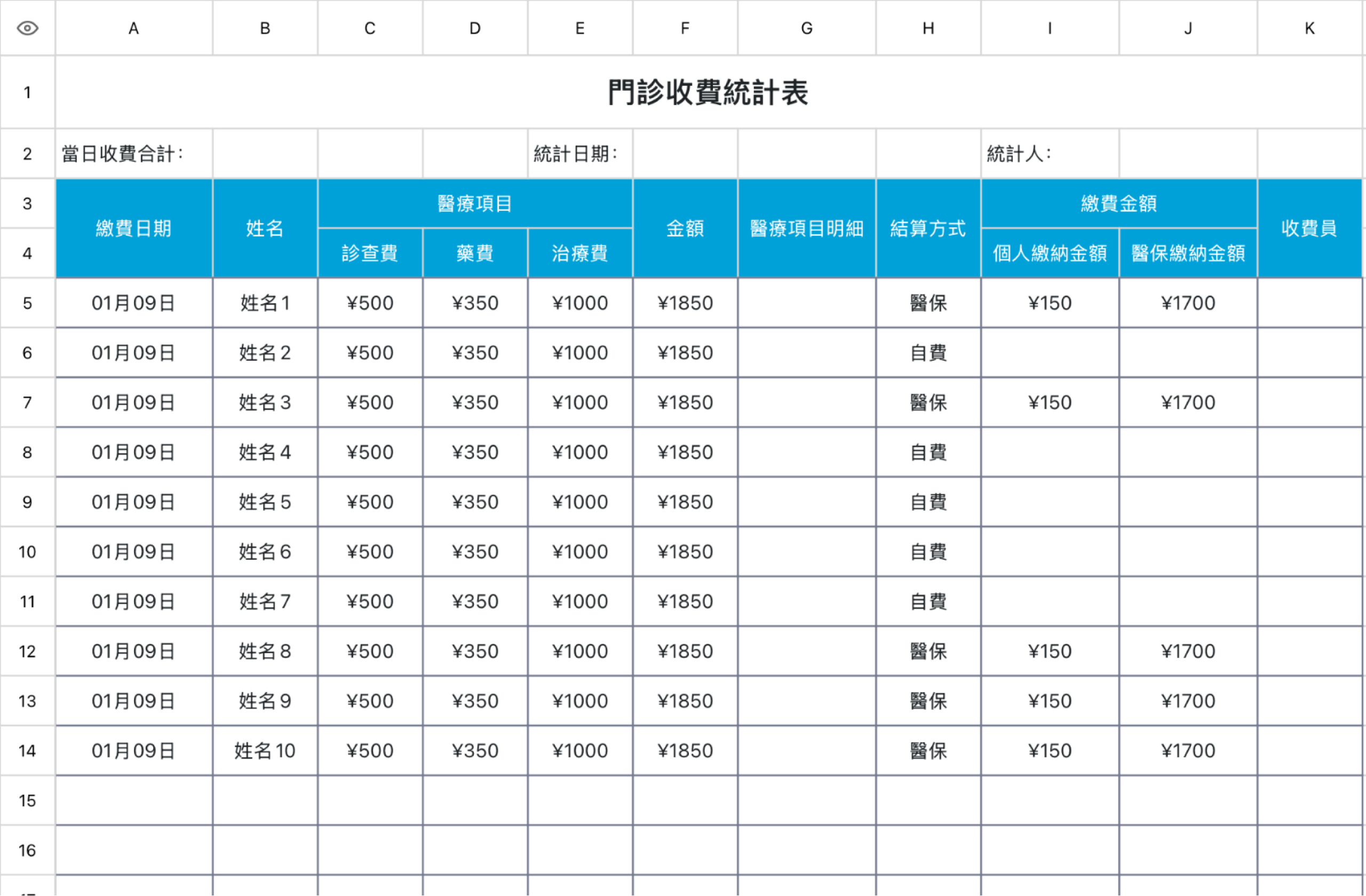 门诊收费统计表