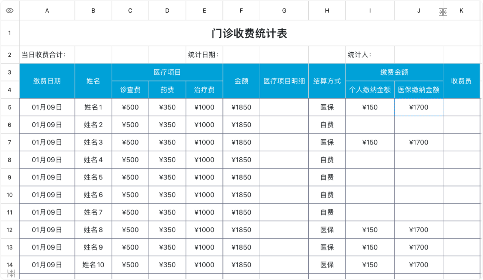 门诊收费统计表