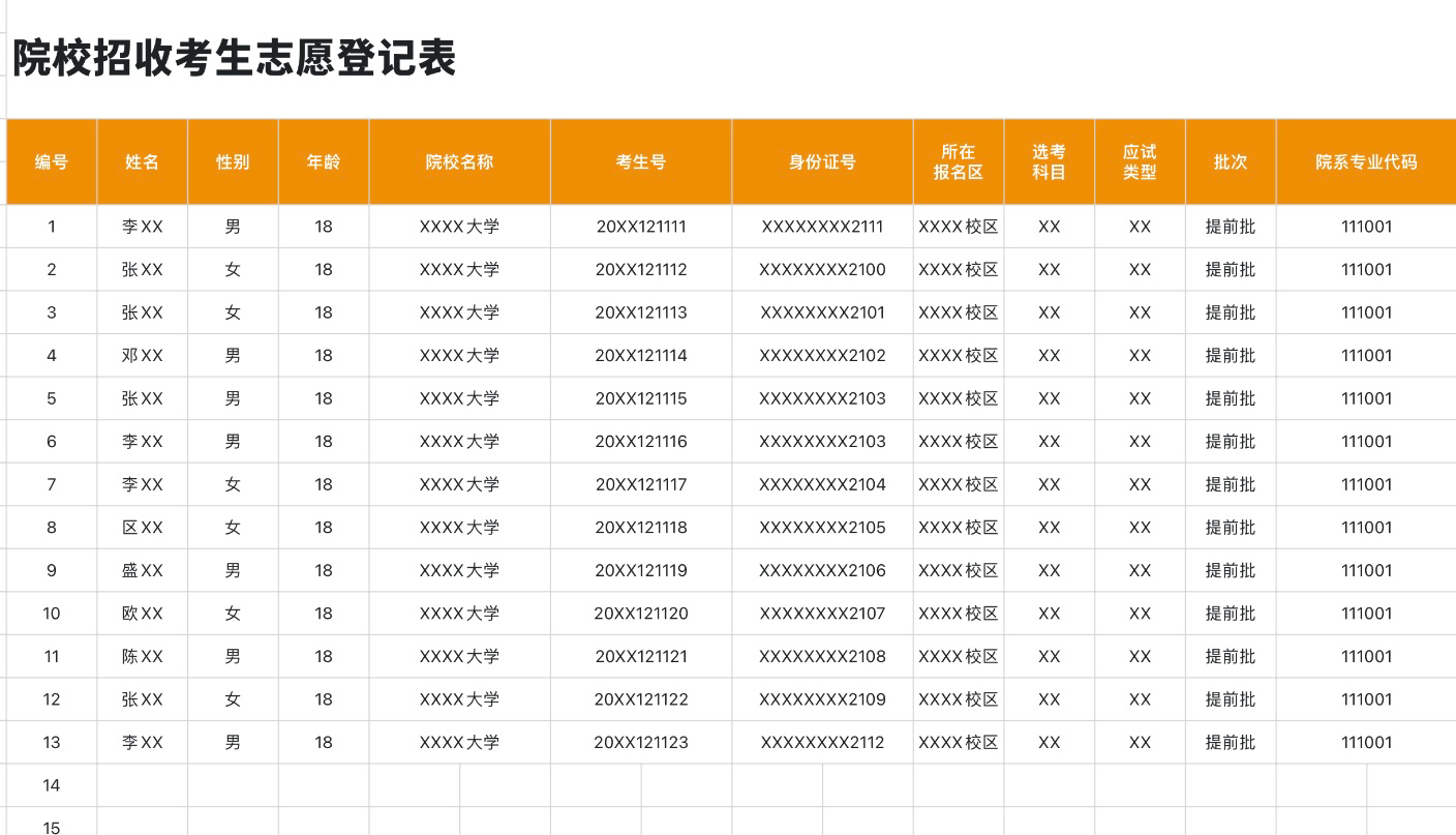 院校招收考生志愿登记表
