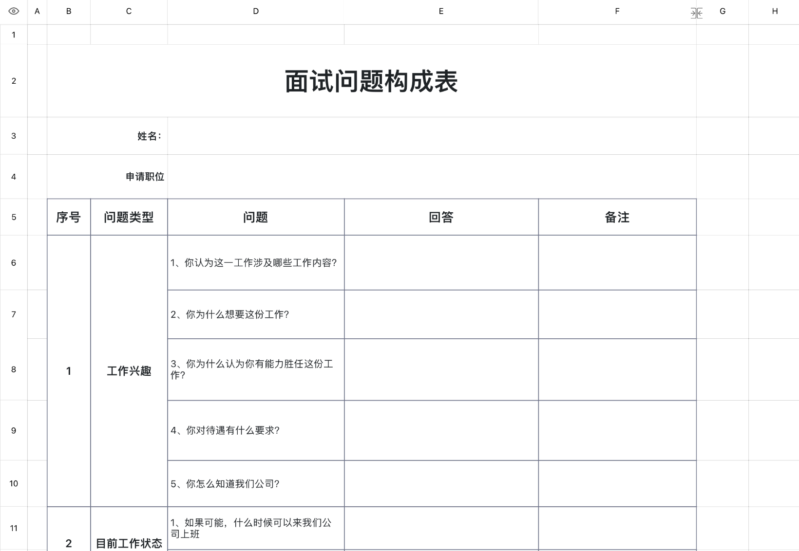 面试问题构成表