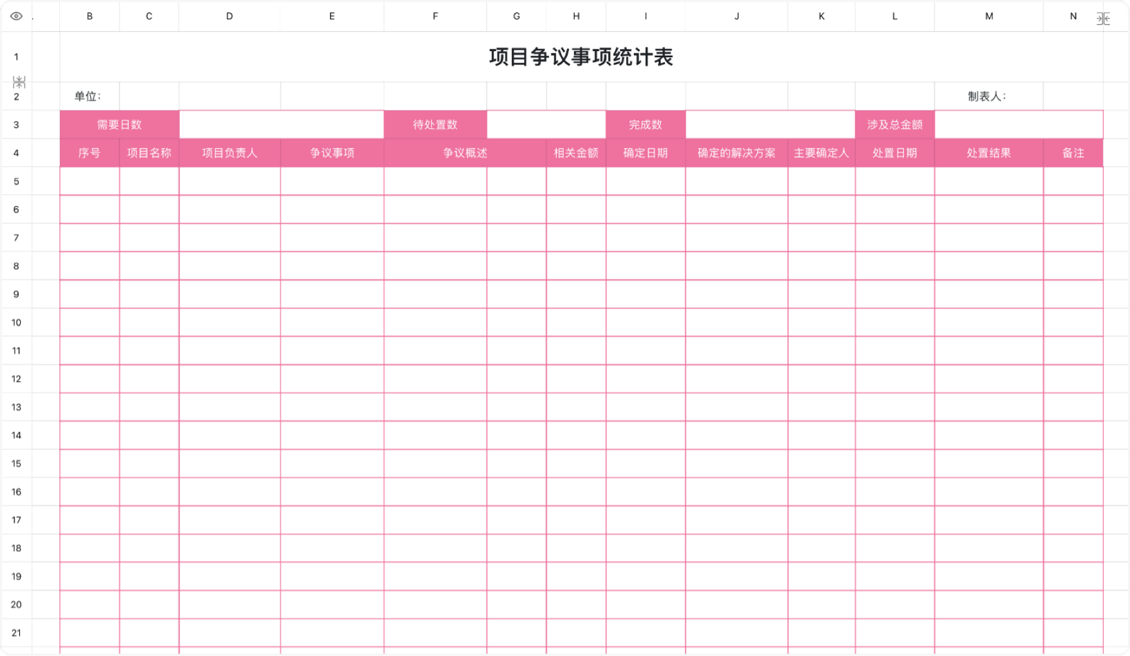 项目争议事项统计表