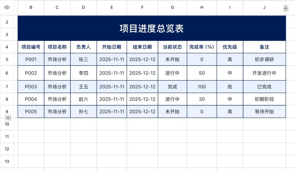 项目进度总览表