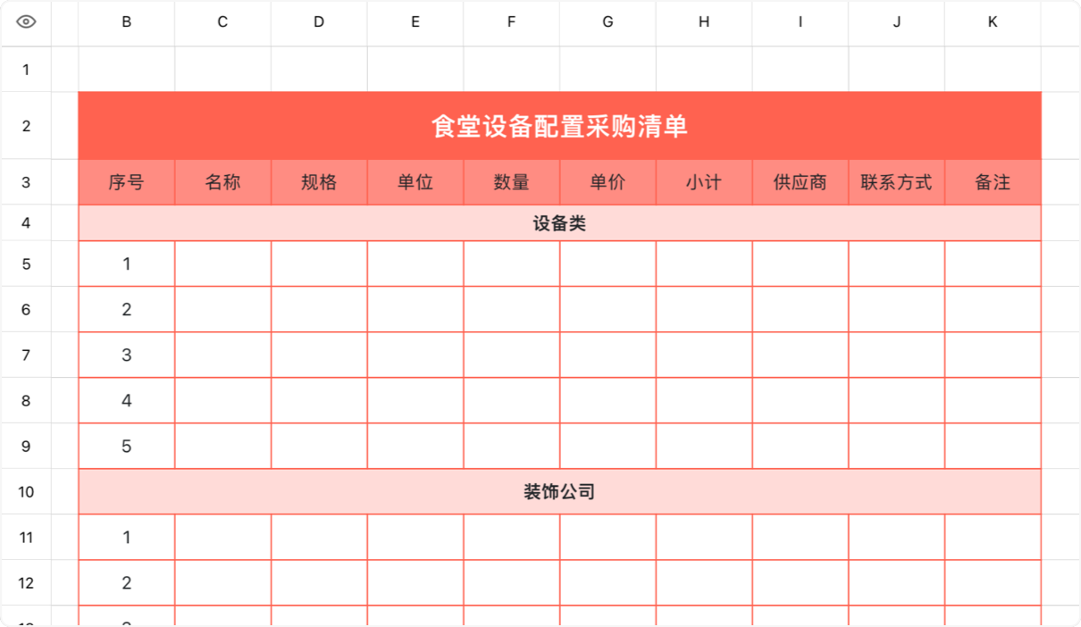食堂设备配置采购清单