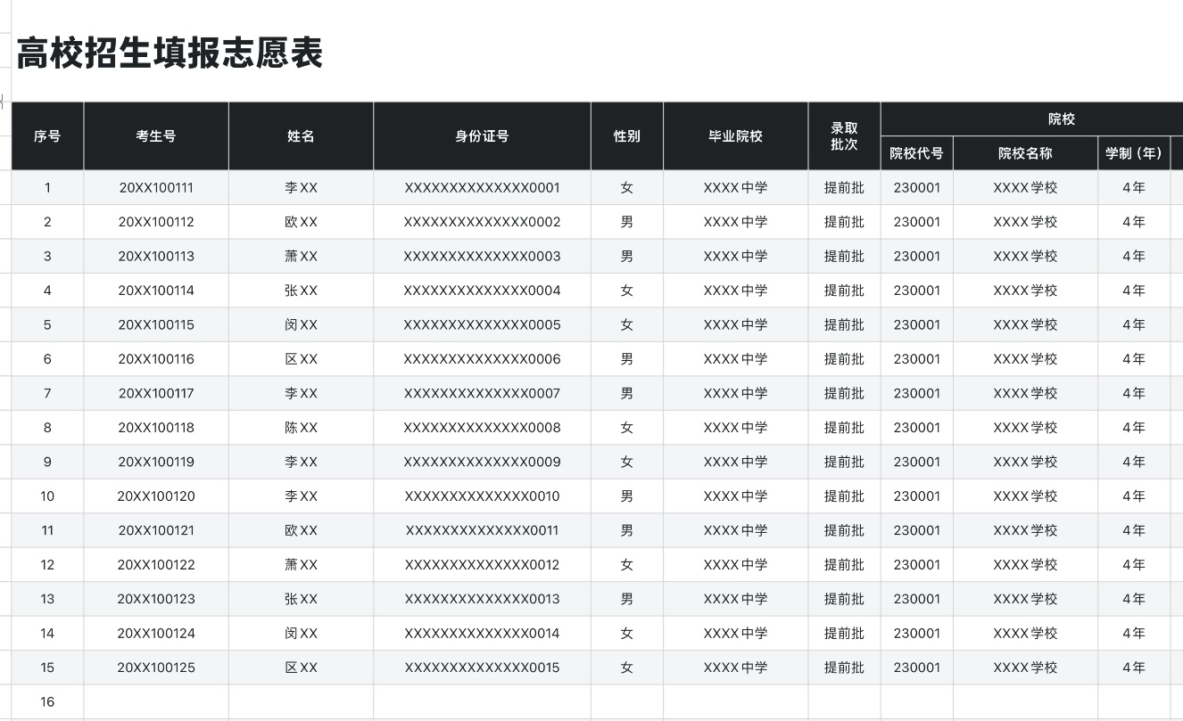高校招生填报志愿表