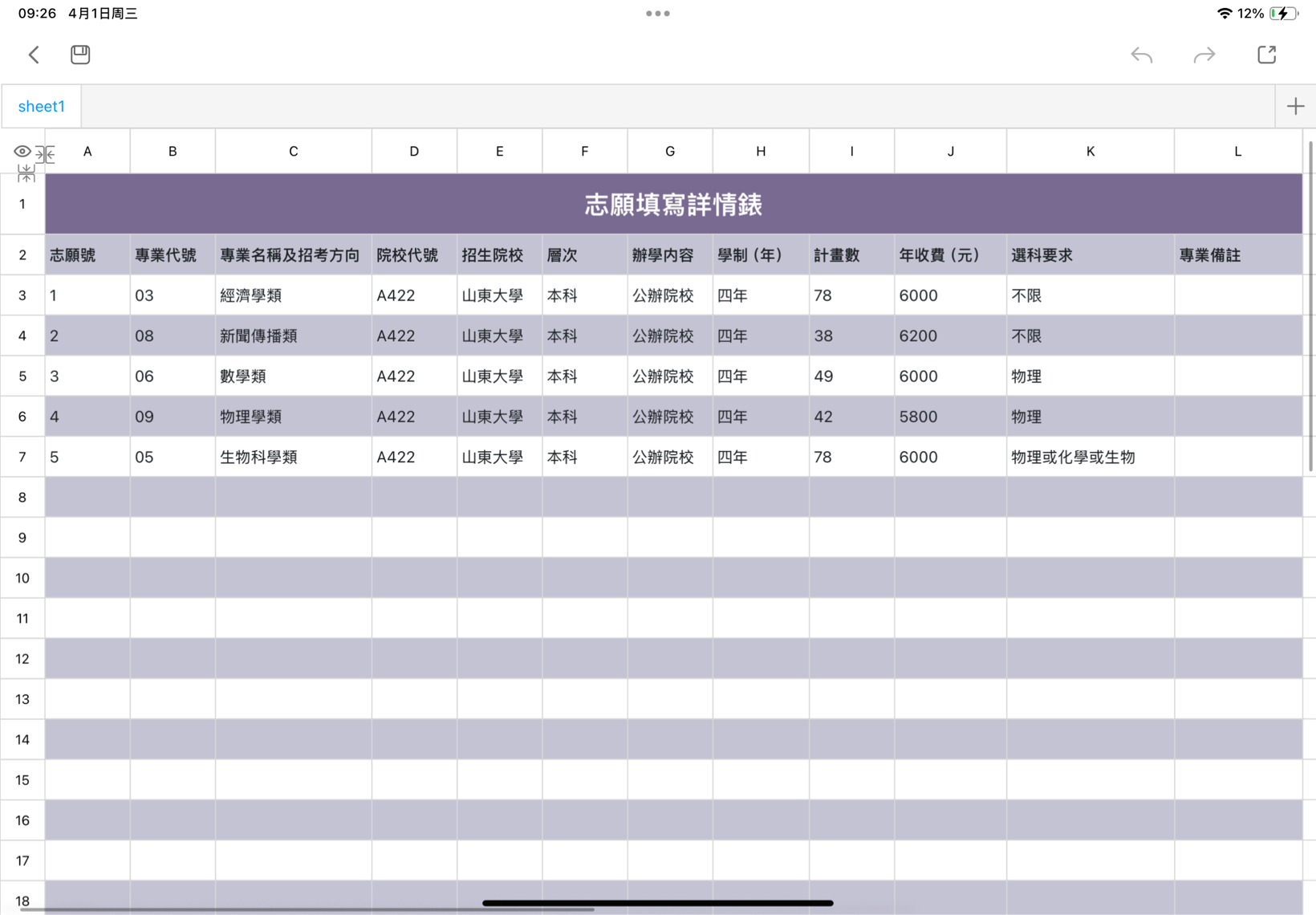 高考志願填報詳情錶